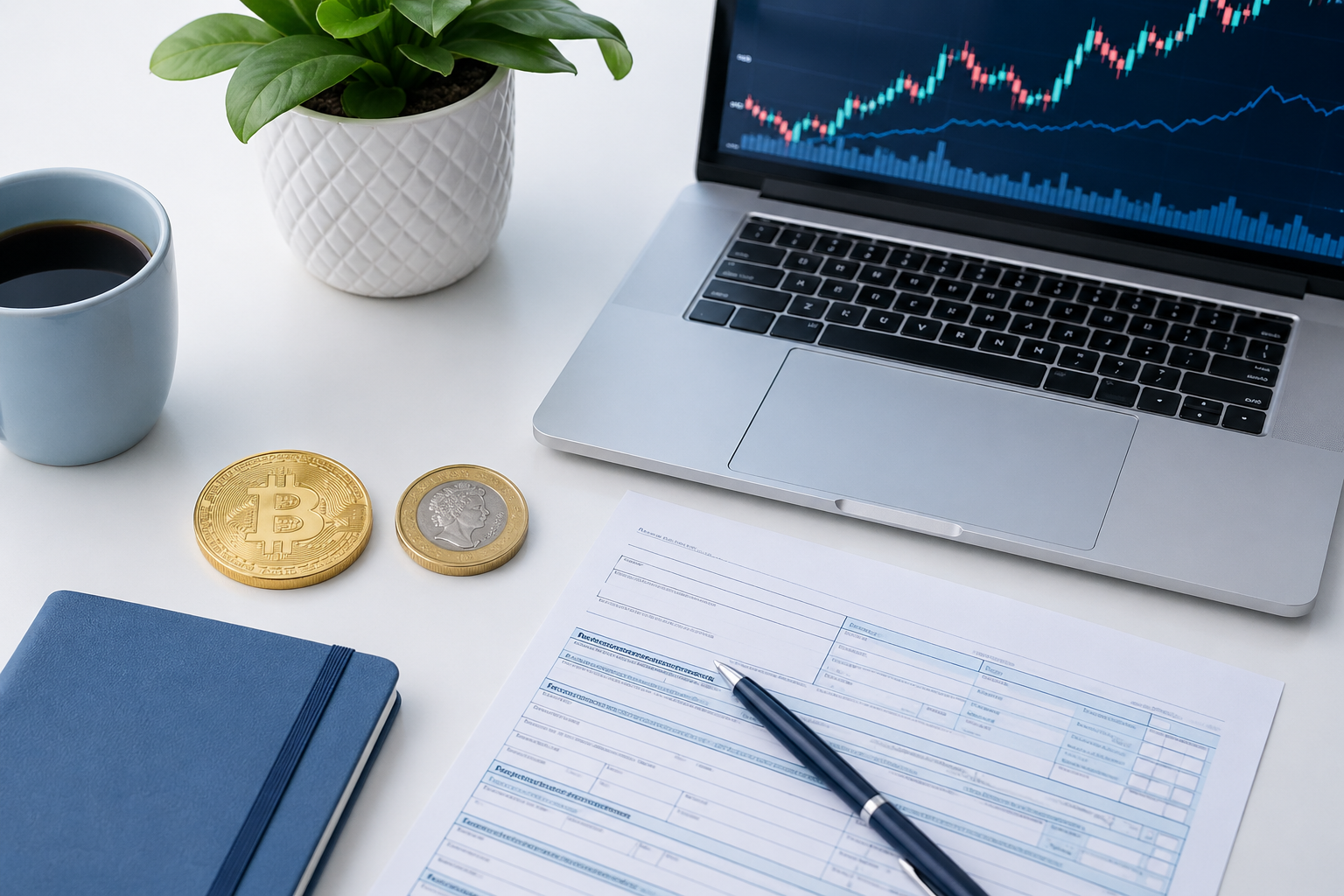 Crypto Tax UK 2026 — Bitcoin coin and HMRC tax form on a desk with a calculator, representing cryptocurrency taxation advice by Acumen Accountants London
